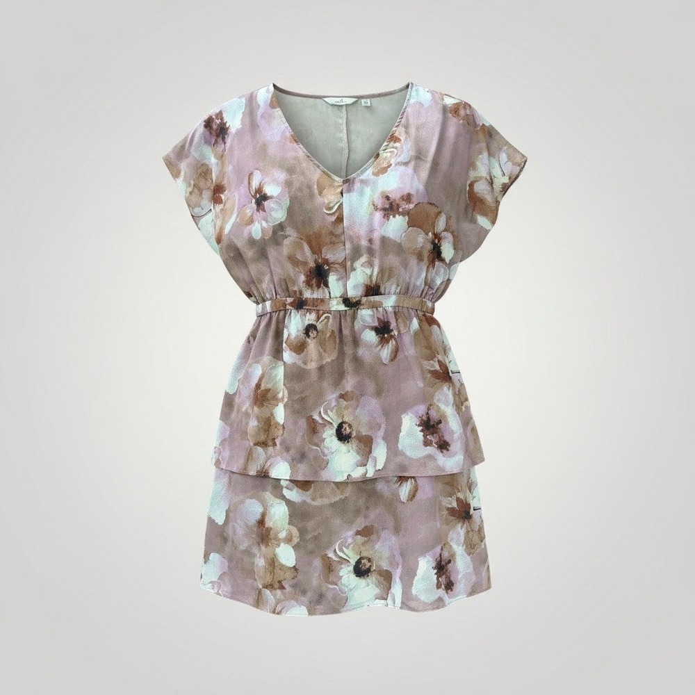 GF by Geren Ford Floral Tiered Mini Dress Women Medium Mauve Watercolor Romantic